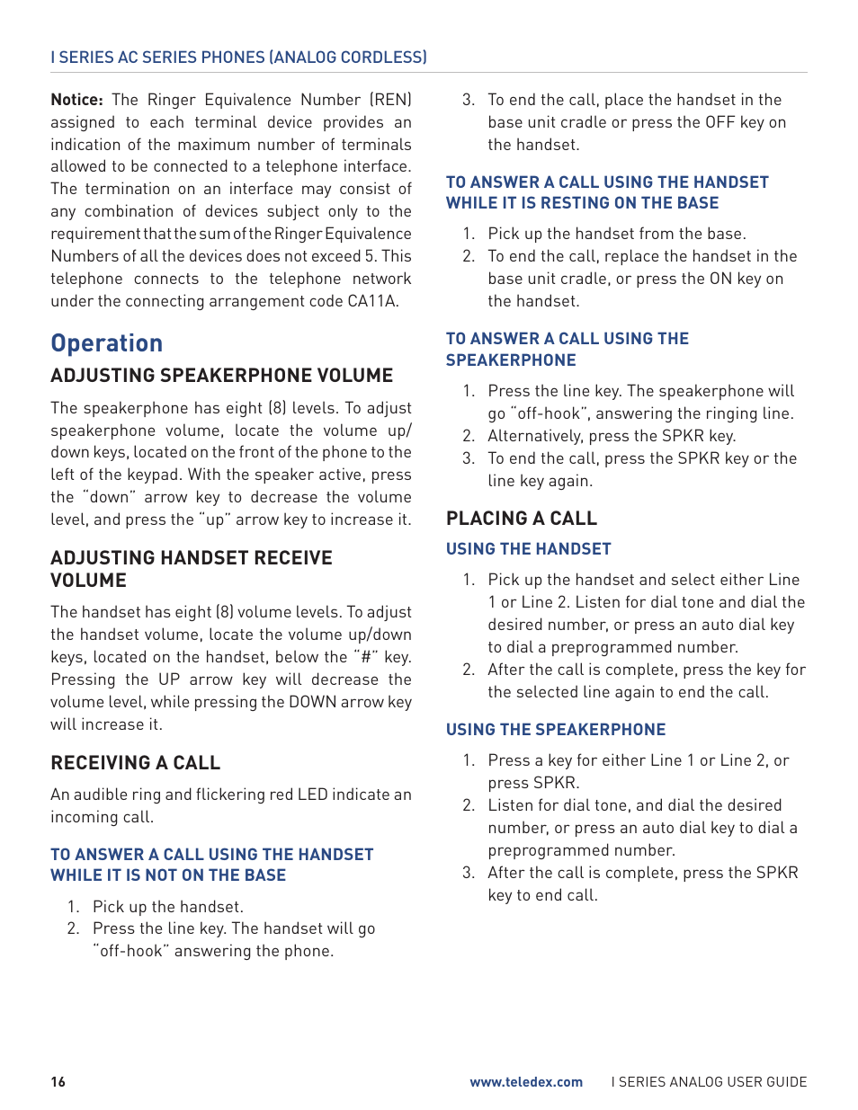Operation | Teledex I Series User Manual | Page 16 / 22