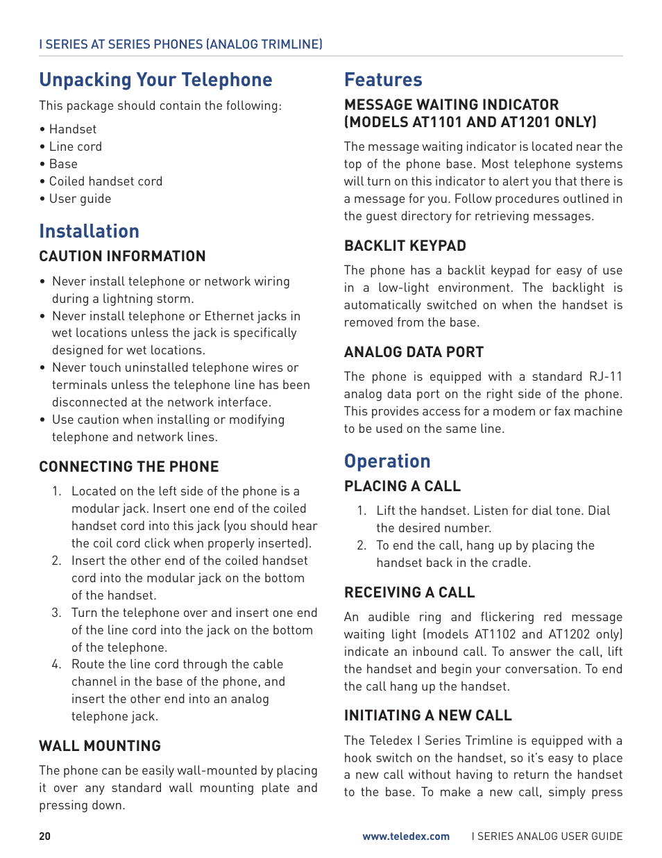 Unpacking your telephone, Installation, Features | Operation | Teledex I Series User Manual | Page 20 / 22