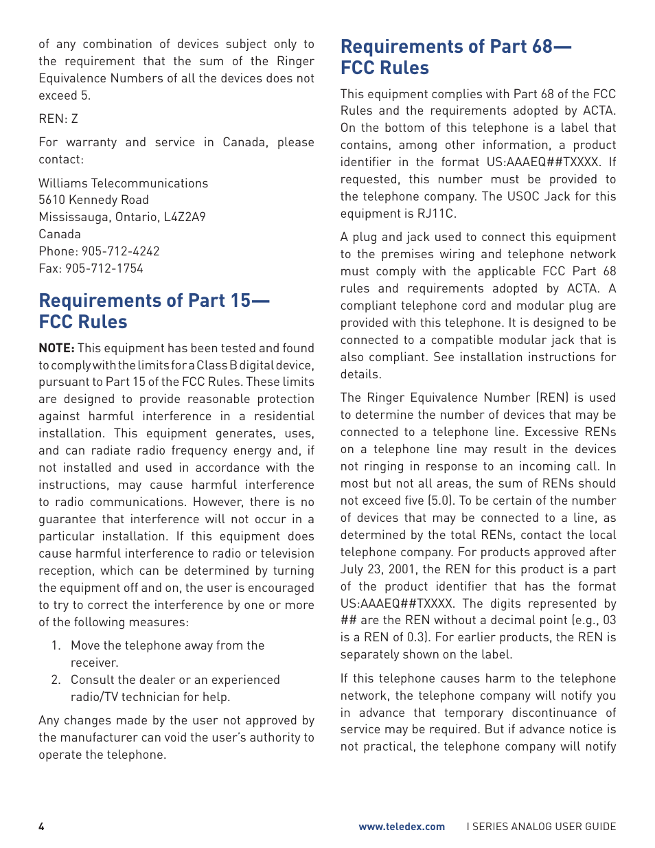 Requirements of part 15— fcc rules, Requirements of part 68— fcc rules | Teledex I Series User Manual | Page 4 / 22