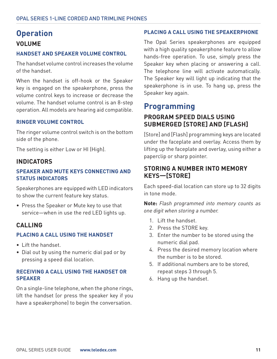 Operation, Programming | Teledex Opal Series User Manual | Page 11 / 26