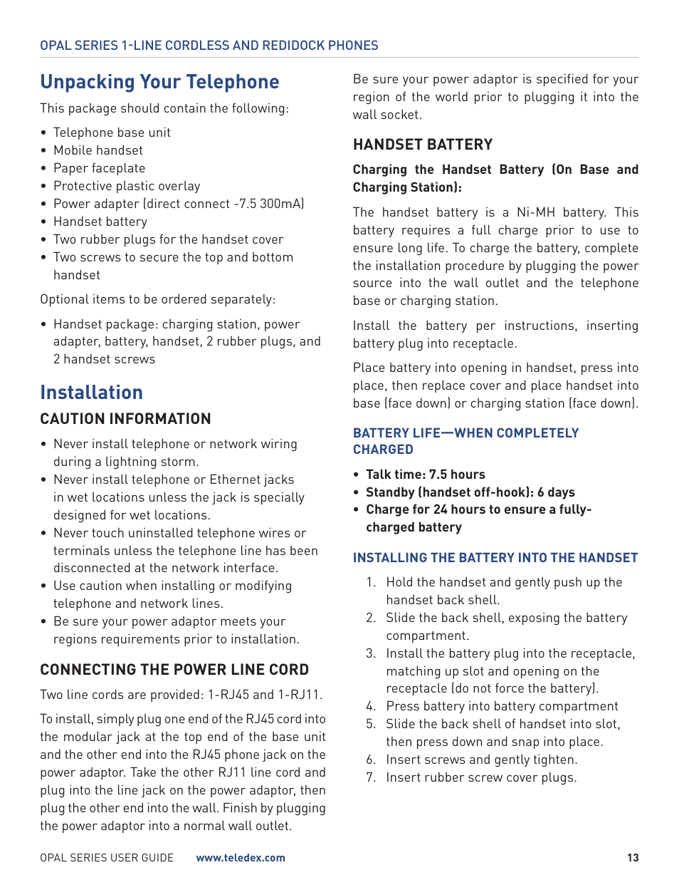 Unpacking your telephone, Installation | Teledex Opal Series User Manual | Page 13 / 26