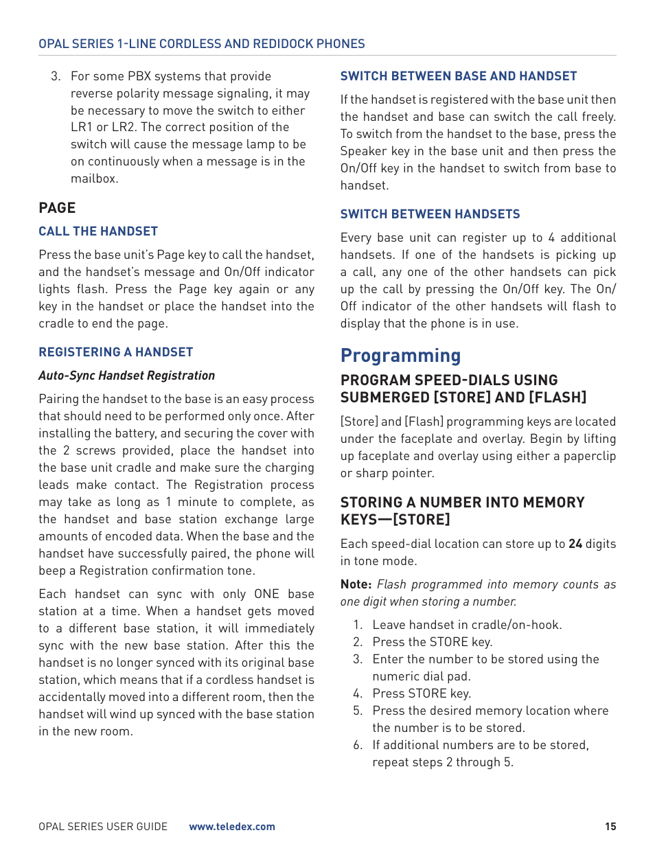 Programming | Teledex Opal Series User Manual | Page 15 / 26