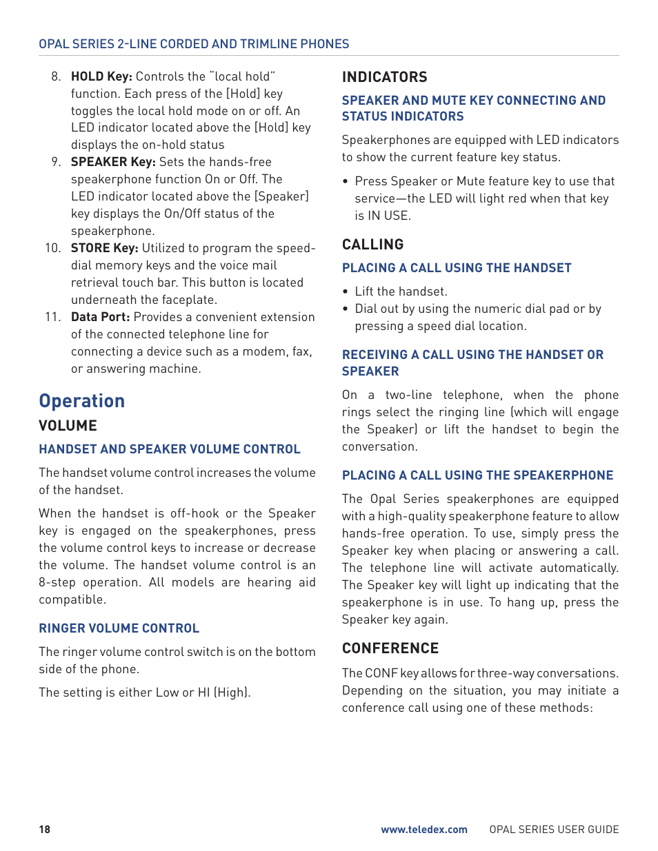 Operation | Teledex Opal Series User Manual | Page 18 / 26