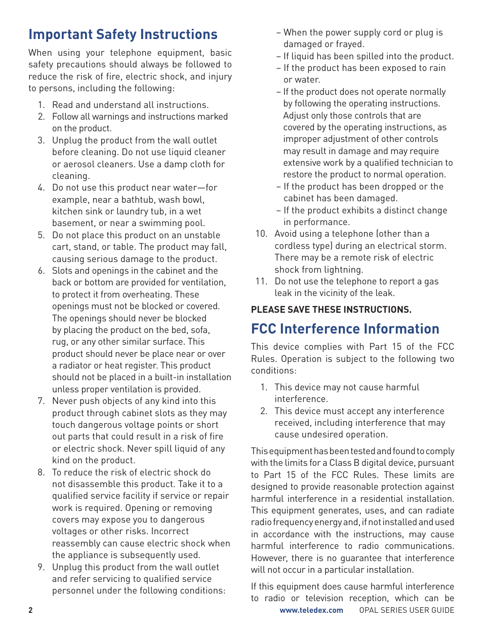 Important safety instructions, Fcc interference information | Teledex Opal Series User Manual | Page 2 / 26