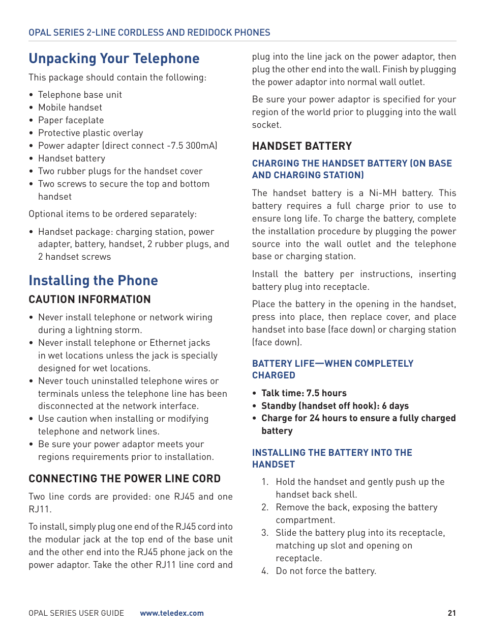 Unpacking your telephone, Installing the phone | Teledex Opal Series User Manual | Page 21 / 26