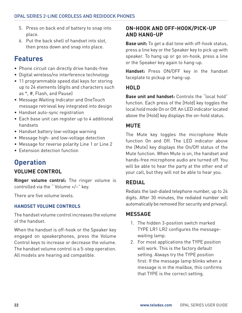 Features, Operation | Teledex Opal Series User Manual | Page 22 / 26