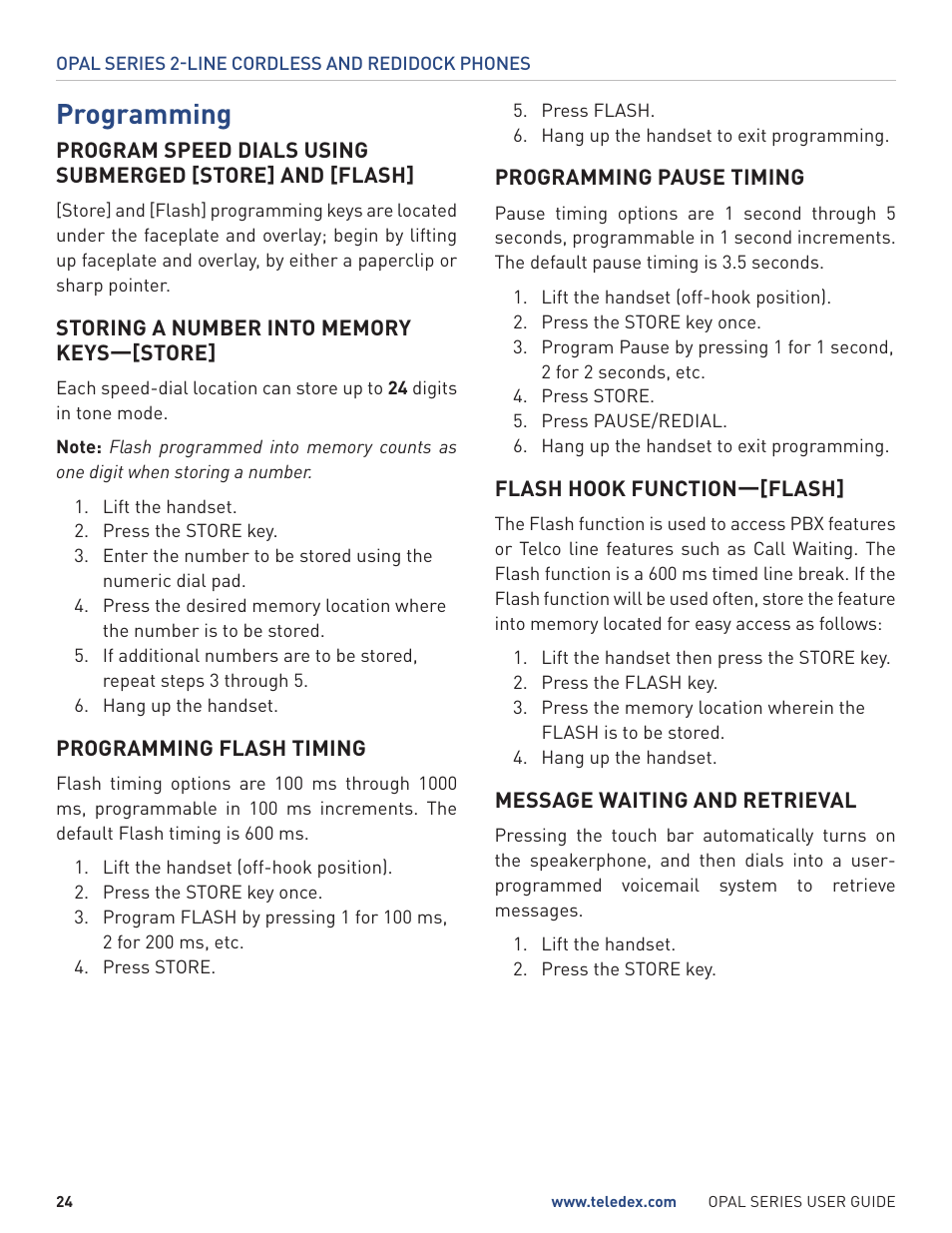 Programming | Teledex Opal Series User Manual | Page 24 / 26