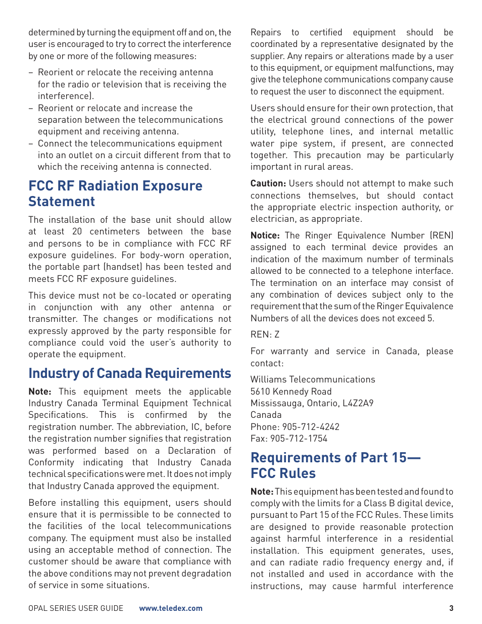 Fcc rf radiation exposure statement, Industry of canada requirements, Requirements of part 15— fcc rules | Teledex Opal Series User Manual | Page 3 / 26