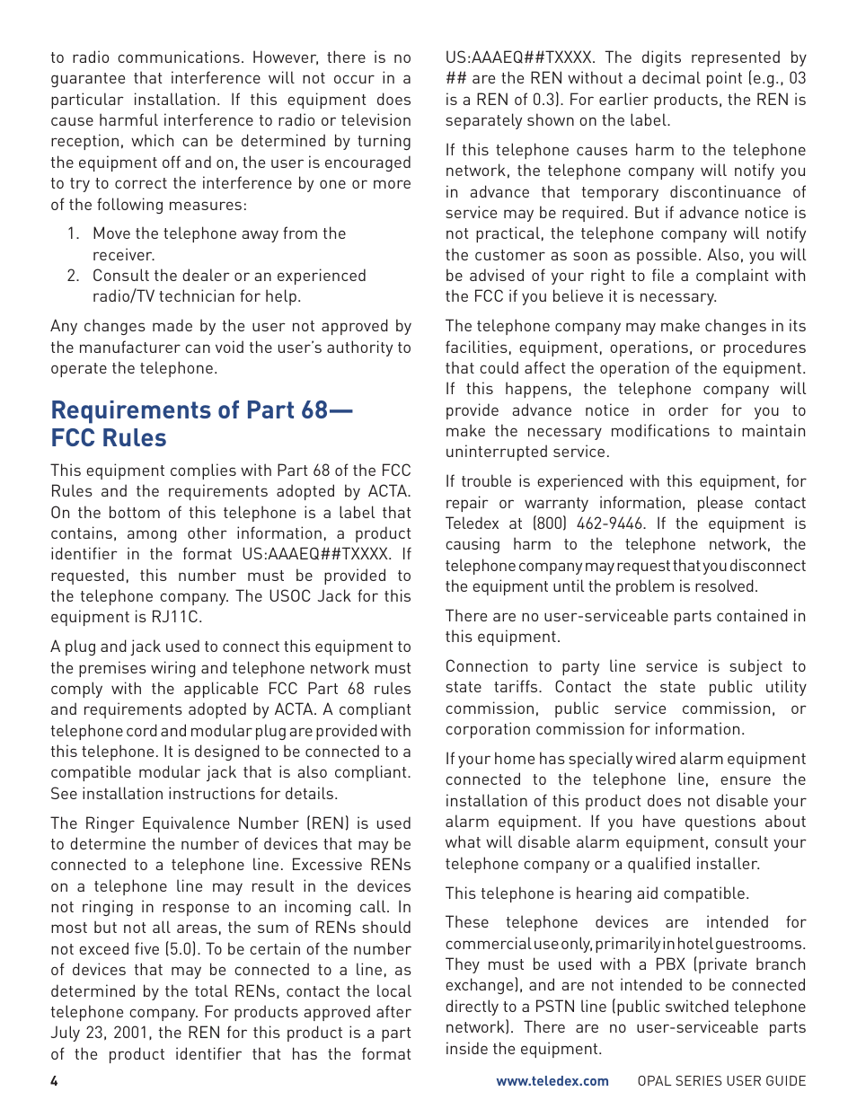 Requirements of part 68— fcc rules | Teledex Opal Series User Manual | Page 4 / 26