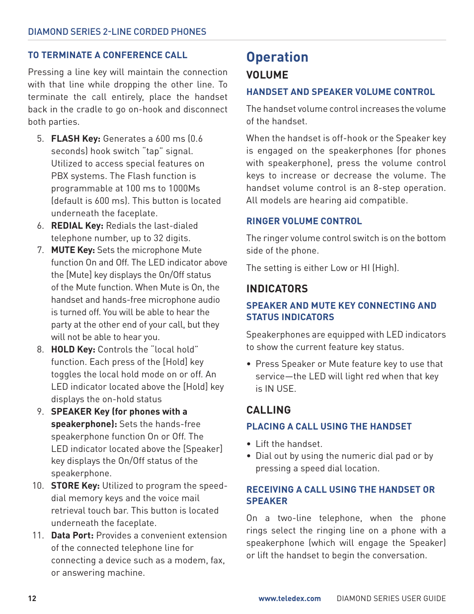 Operation | Teledex Diamond Series User Manual | Page 12 / 14