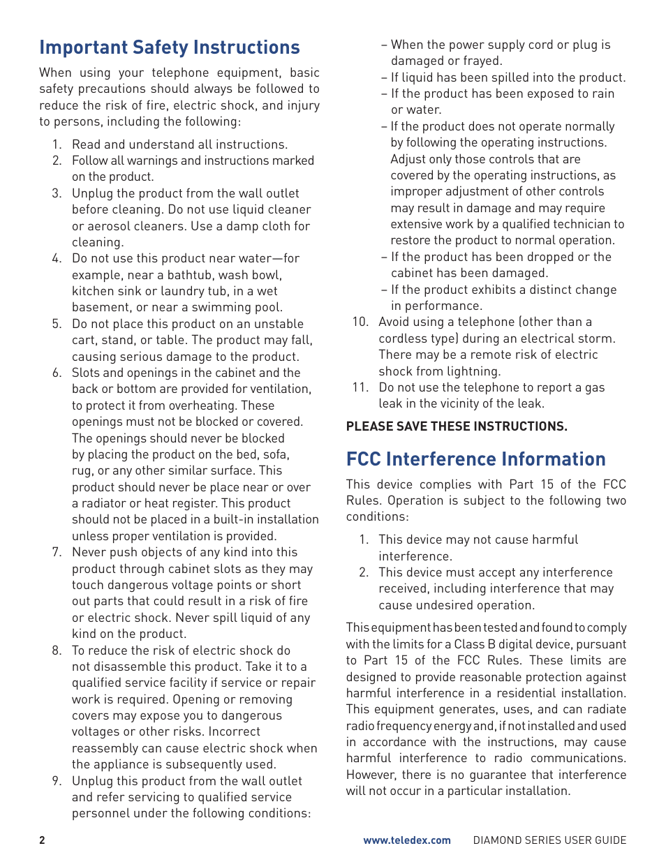 Important safety instructions, Fcc interference information | Teledex Diamond Series User Manual | Page 2 / 14