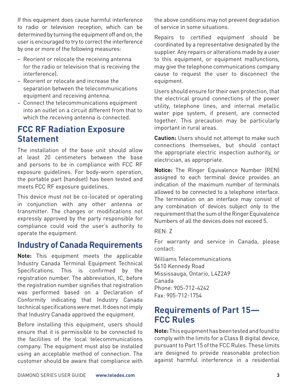 Fcc rf radiation exposure statement, Industry of canada requirements, Requirements of part 15— fcc rules | Teledex Diamond Series User Manual | Page 3 / 14