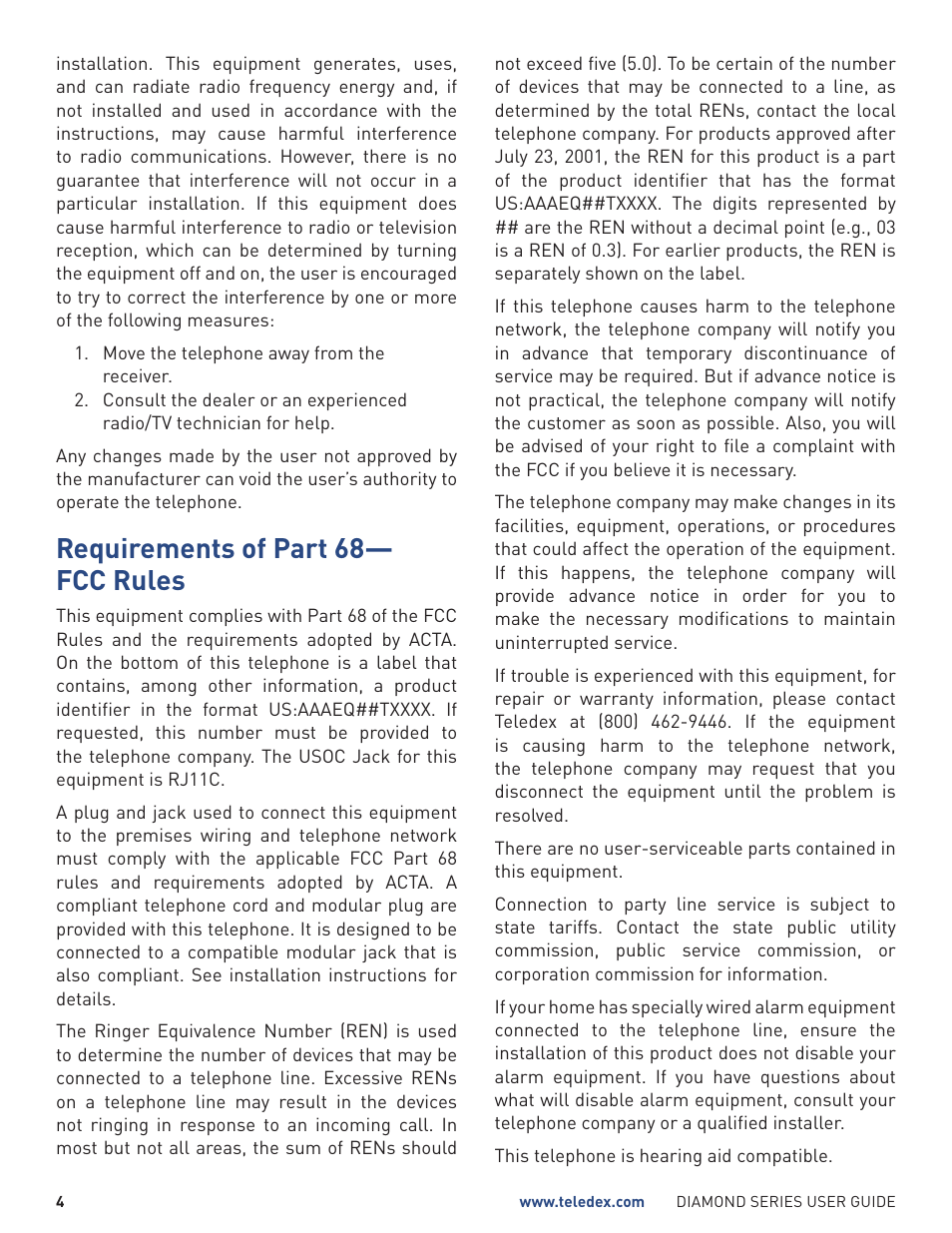 Requirements of part 68— fcc rules | Teledex Diamond Series User Manual | Page 4 / 14