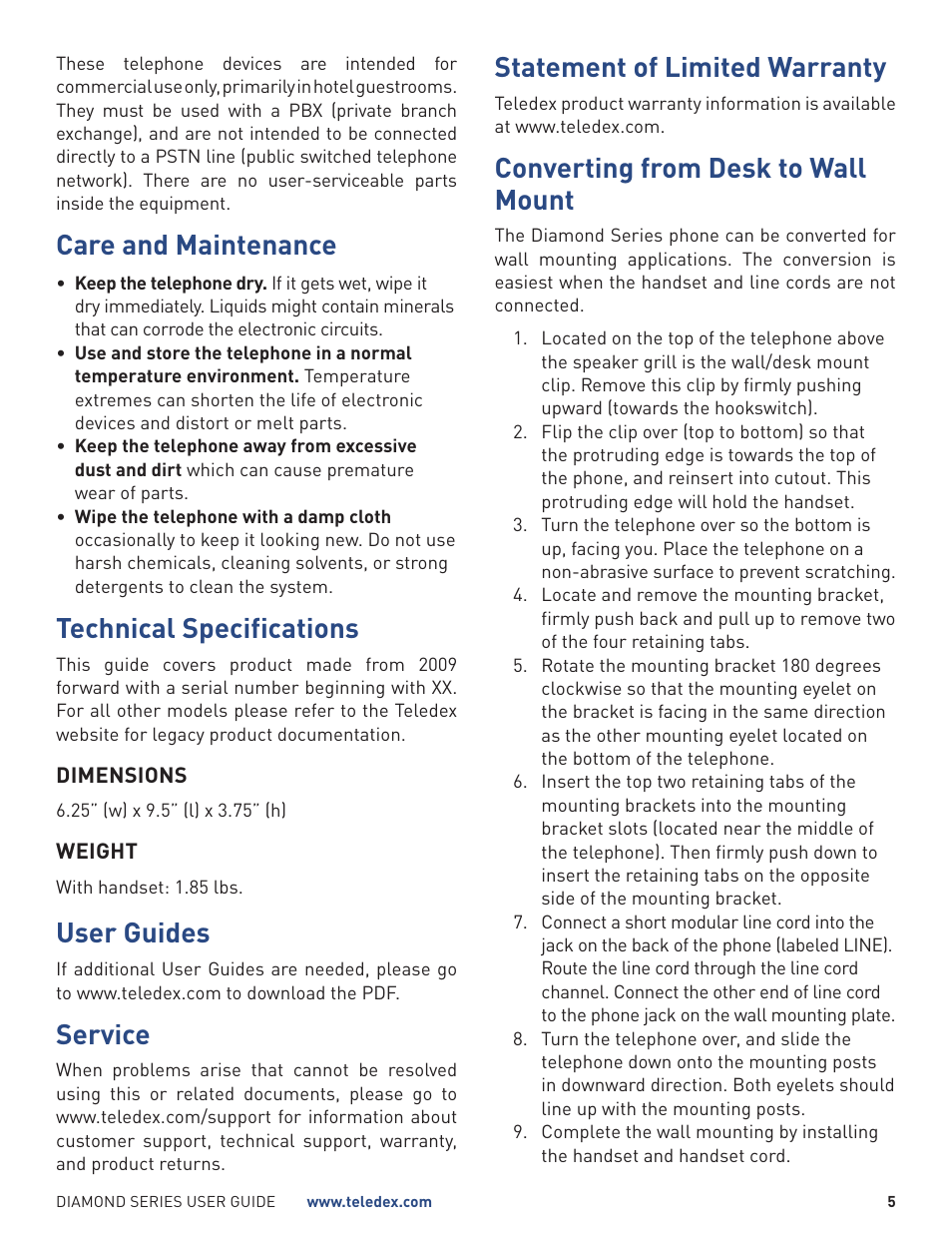 Care and maintenance, Technical specifications, User guides | Service, Statement of limited warranty, Converting from desk to wall mount | Teledex Diamond Series User Manual | Page 5 / 14