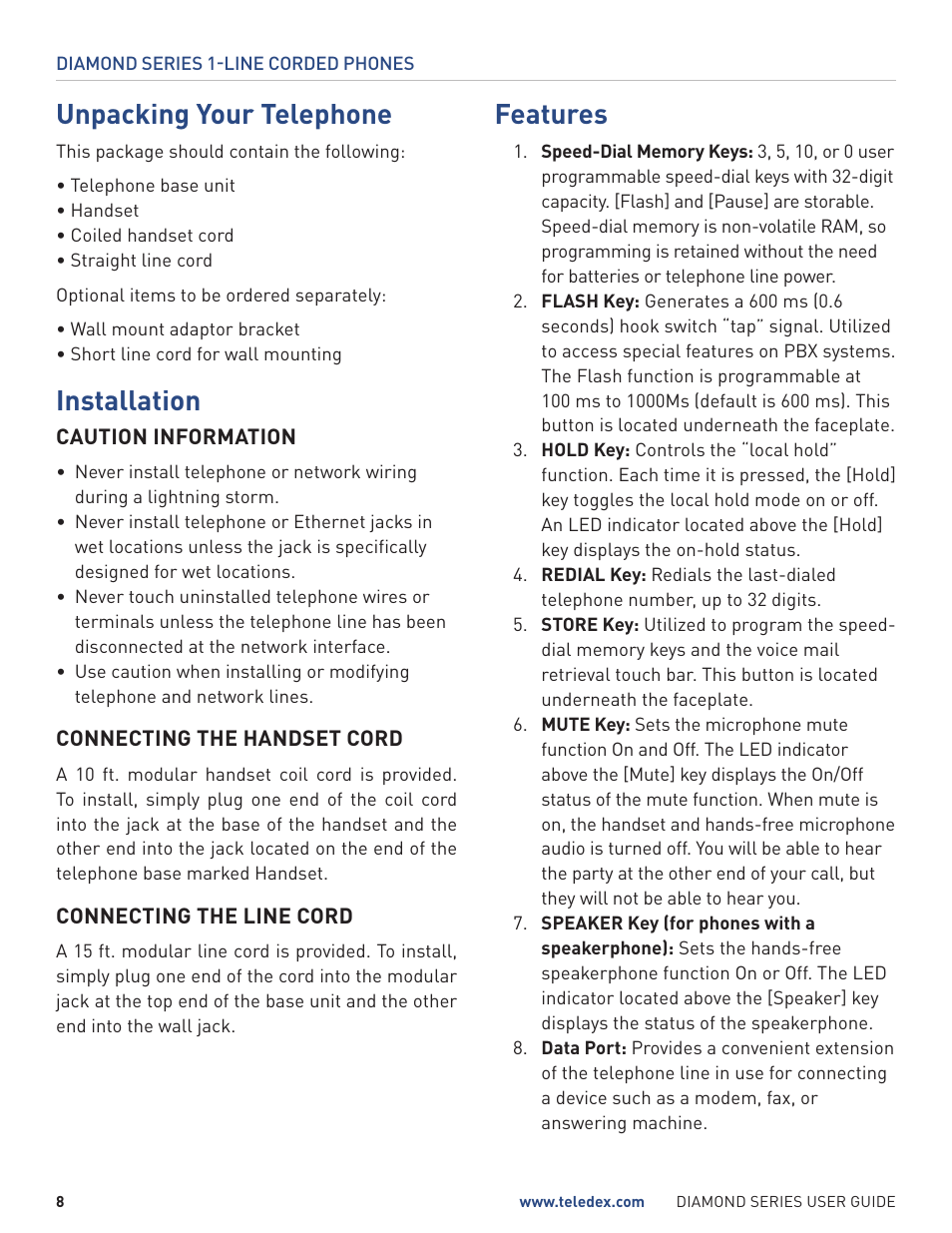 Unpacking your telephone, Installation, Features | Teledex Diamond Series User Manual | Page 8 / 14