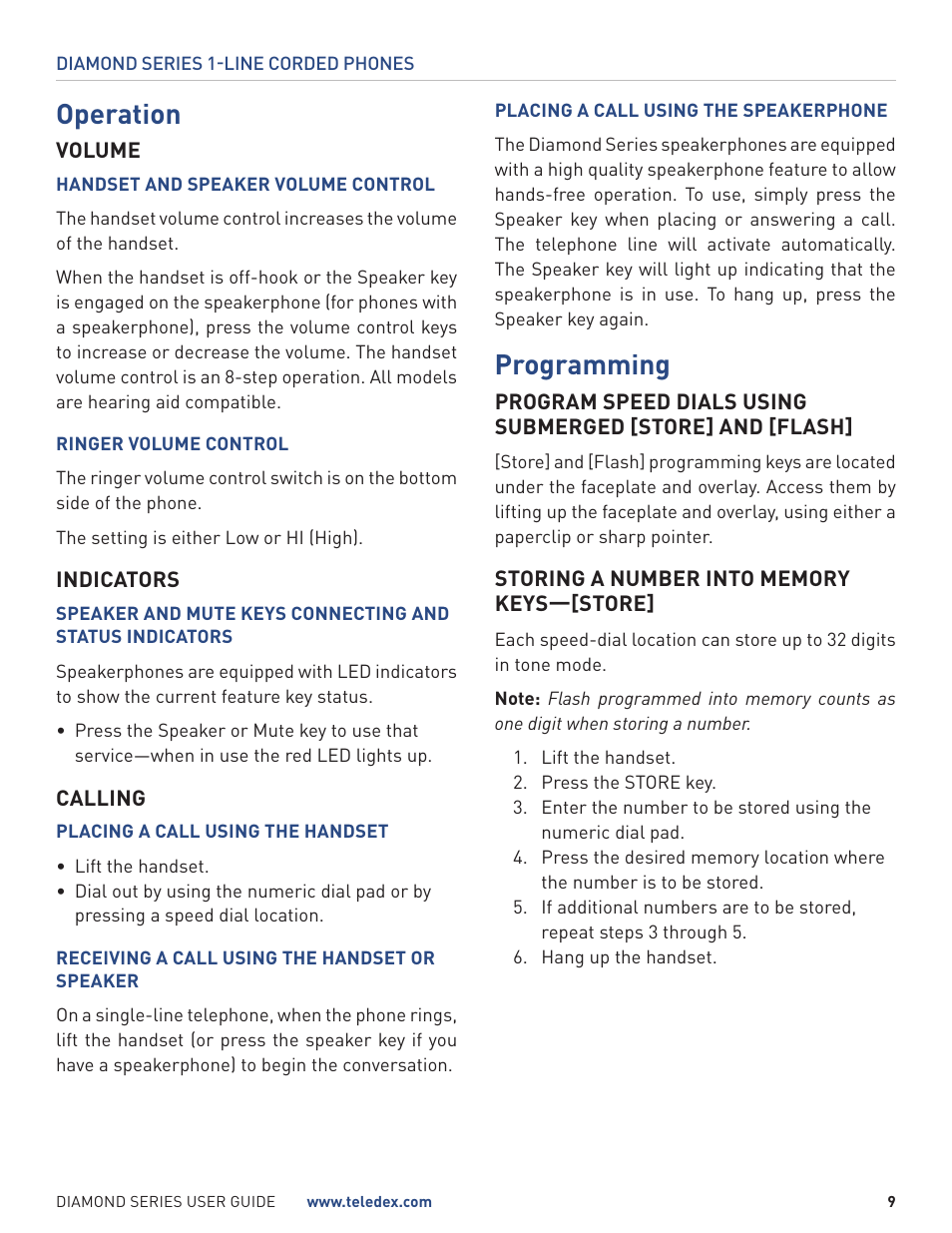 Operation, Programming | Teledex Diamond Series User Manual | Page 9 / 14