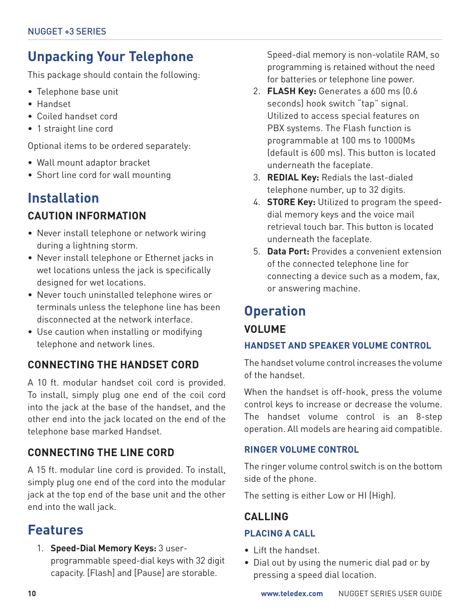 Unpacking your telephone, Installation, Features | Operation | Teledex Nugget Series User Manual | Page 10 / 12