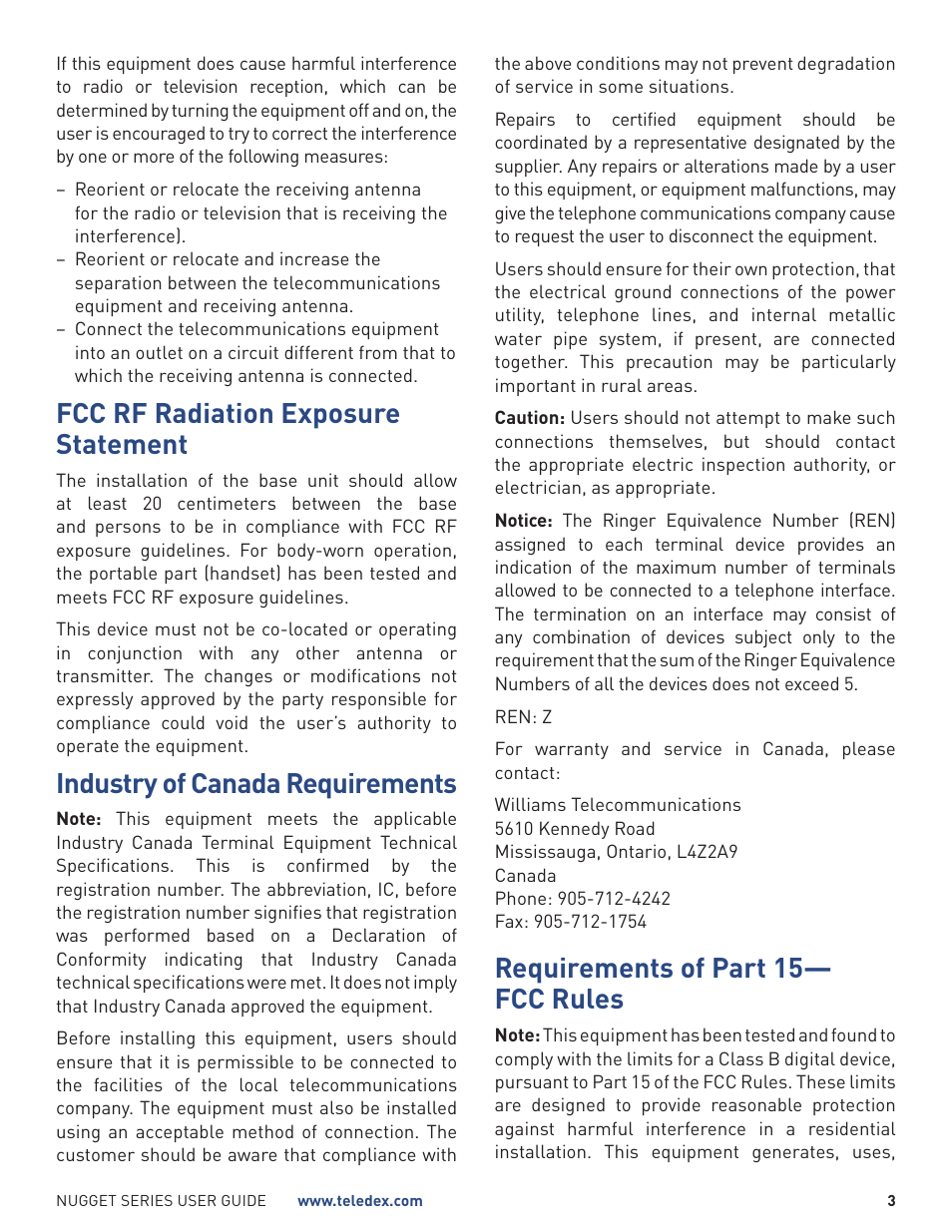 Fcc rf radiation exposure statement, Industry of canada requirements, Requirements of part 15— fcc rules | Teledex Nugget Series User Manual | Page 3 / 12