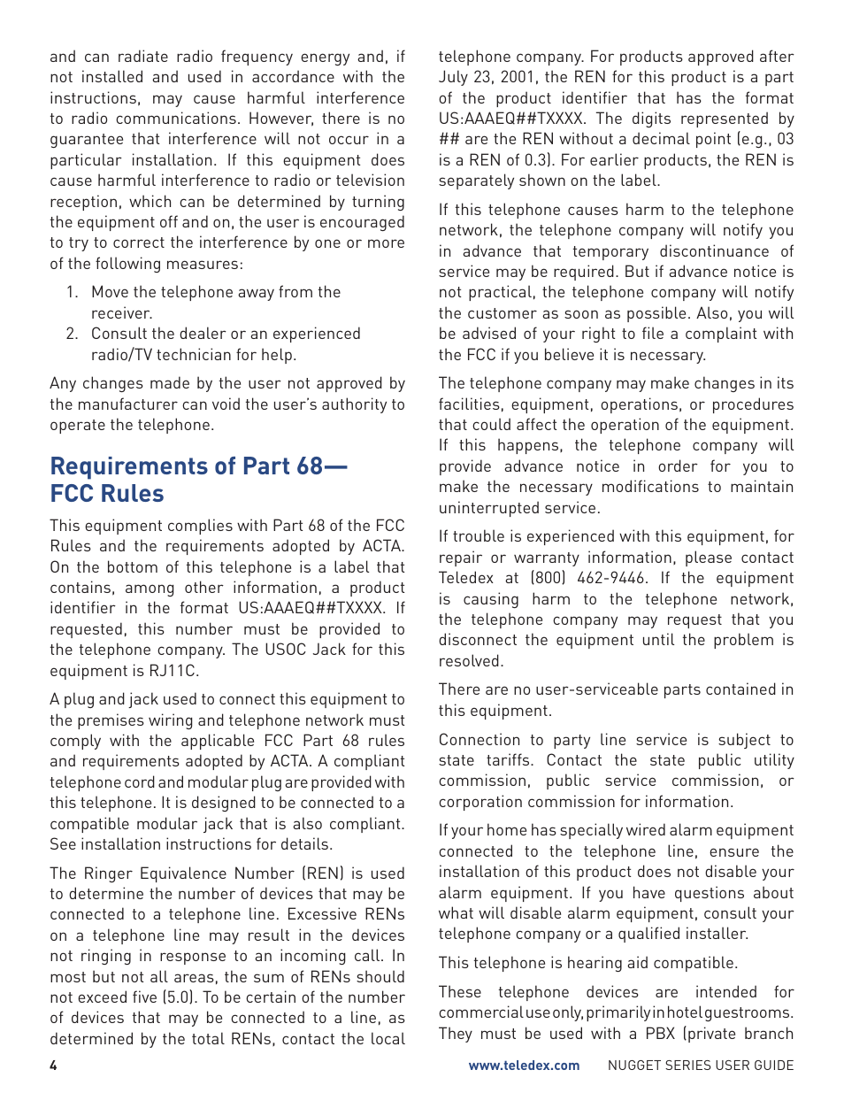 Requirements of part 68— fcc rules | Teledex Nugget Series User Manual | Page 4 / 12