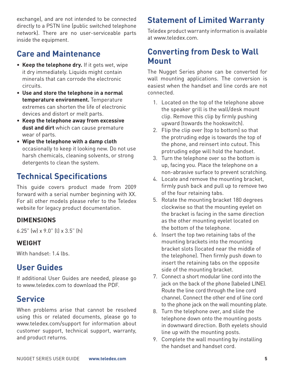 Care and maintenance, Technical specifications, User guides | Service, Statement of limited warranty, Converting from desk to wall mount | Teledex Nugget Series User Manual | Page 5 / 12