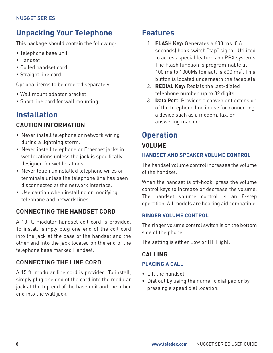 Unpacking your telephone, Installation, Features | Operation | Teledex Nugget Series User Manual | Page 8 / 12