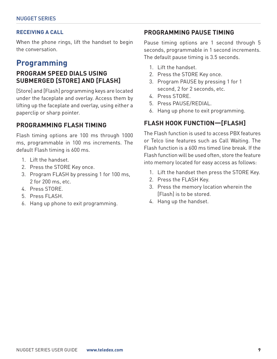 Programming | Teledex Nugget Series User Manual | Page 9 / 12