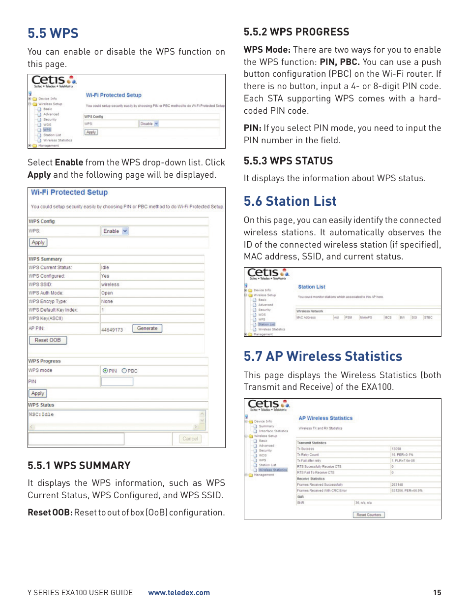 5 wps, 6 station list, 7 ap wireless statistics | Teledex Y Series User Manual | Page 15 / 28