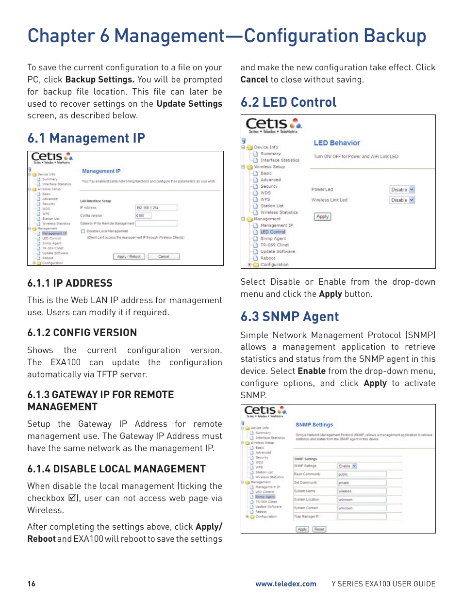 Chapter 6 management—configuration backup, 1 management ip, 2 led control | 3 snmp agent | Teledex Y Series User Manual | Page 16 / 28