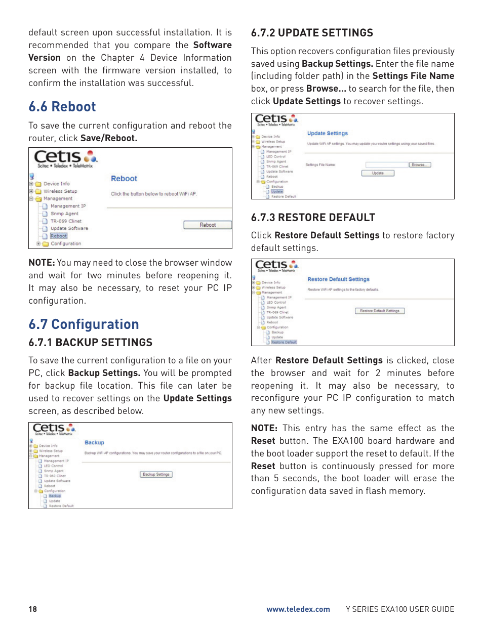 6 reboot, 7 configuration | Teledex Y Series User Manual | Page 18 / 28