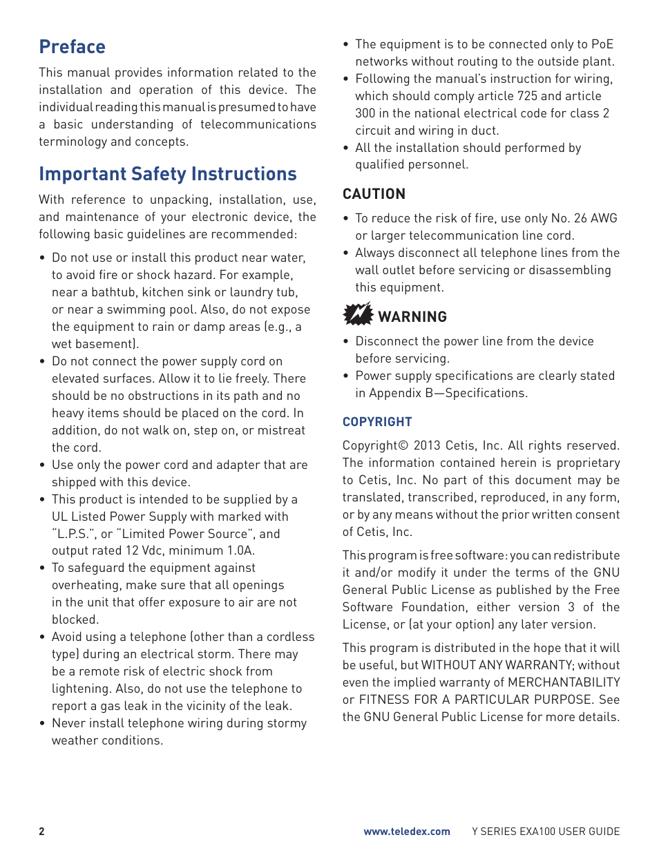 Preface, Important safety instructions | Teledex Y Series User Manual | Page 2 / 28