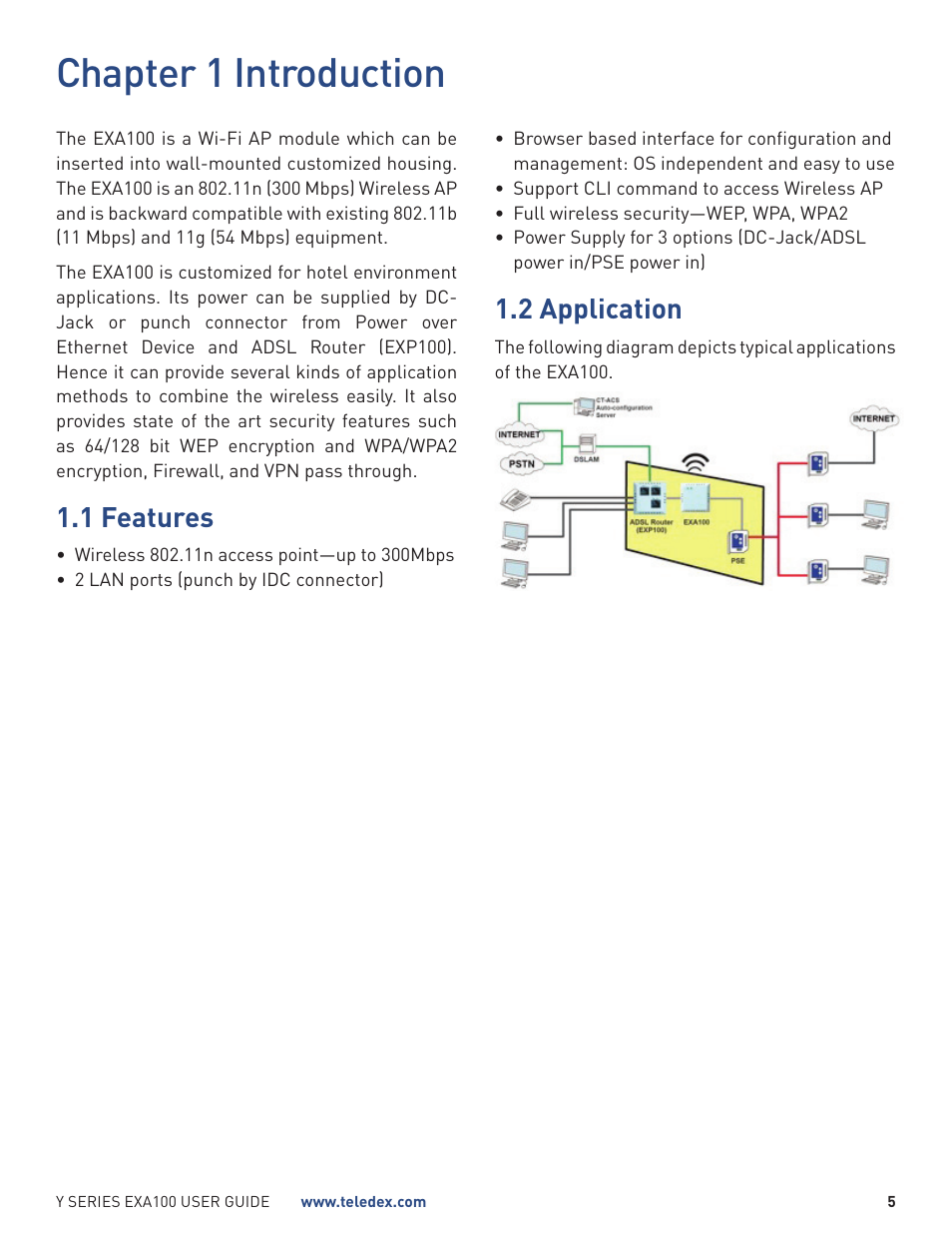 Chapter 1 introduction, 1 features, 2 application | Teledex Y Series User Manual | Page 5 / 28