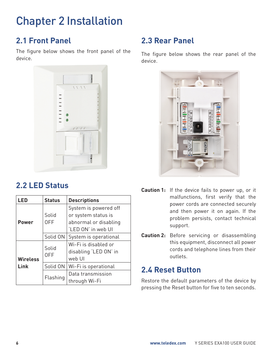 Chapter 2 installation, 1 front panel, 2 led status | 3 rear panel, 4 reset button | Teledex Y Series User Manual | Page 6 / 28