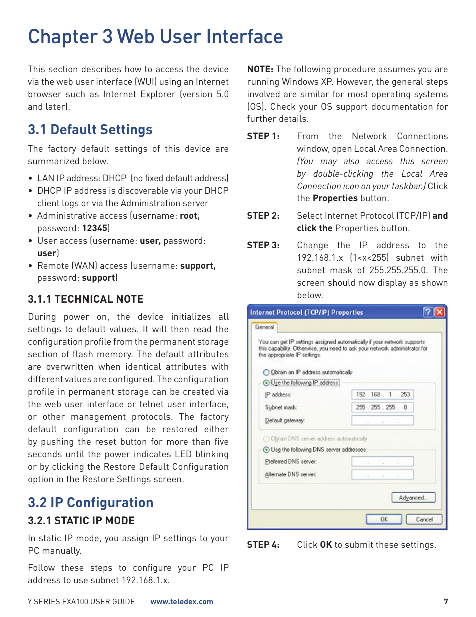 Chapter 3 web user interface, 1 default settings, 2 ip configuration | Teledex Y Series User Manual | Page 7 / 28