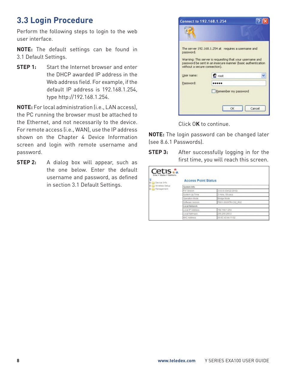 3 login procedure | Teledex Y Series User Manual | Page 8 / 28