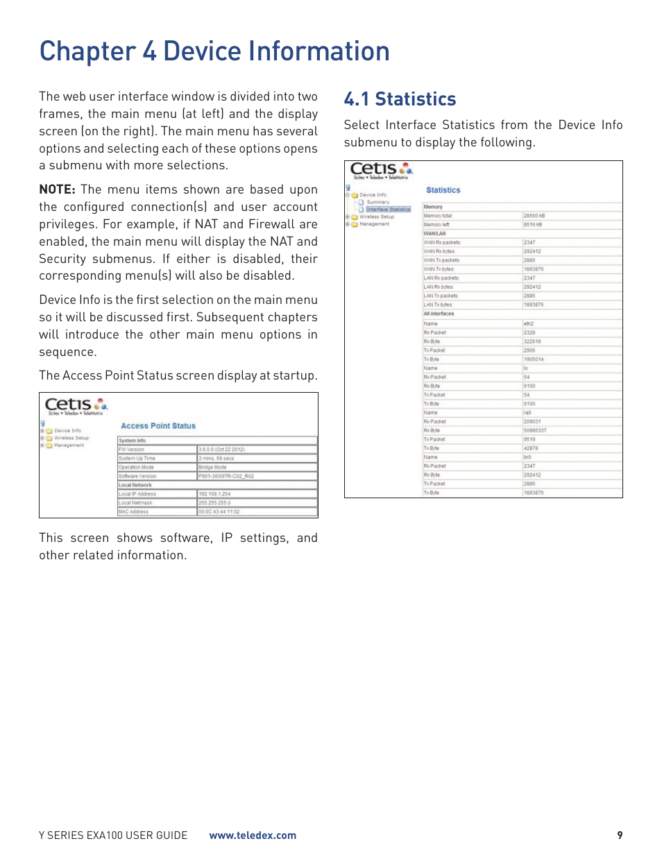 Chapter 4 device information, 1 statistics | Teledex Y Series User Manual | Page 9 / 28