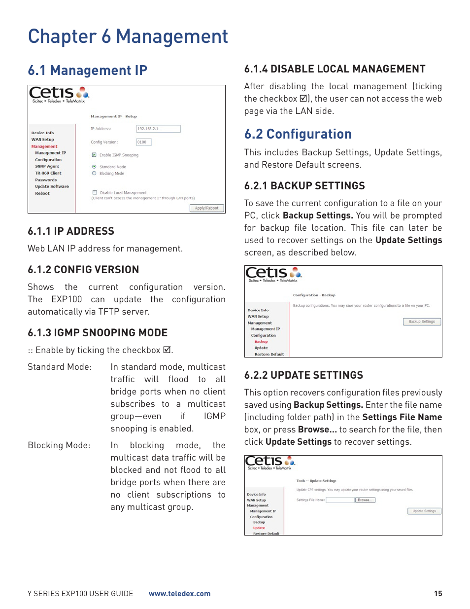 Chapter 6 management, 1 management ip, 2 configuration | Teledex Y Series User Manual | Page 15 / 22