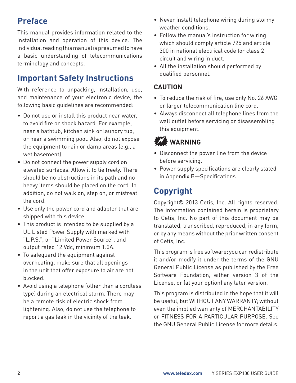 Preface, Important safety instructions, Copyright | Teledex Y Series User Manual | Page 2 / 22