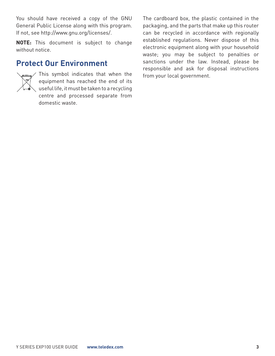Protect our environment | Teledex Y Series User Manual | Page 3 / 22
