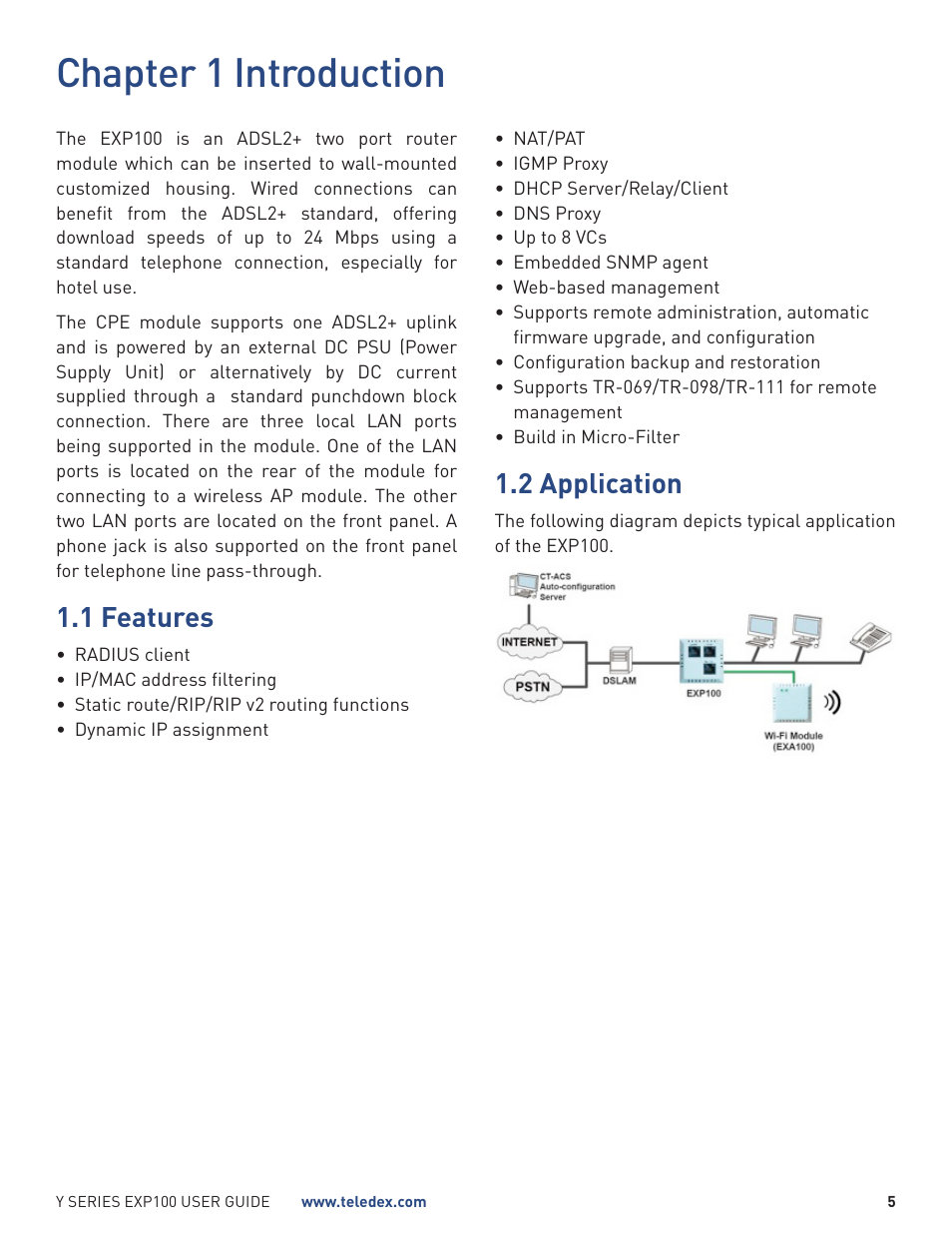 Chapter 1 introduction, 1 features, 2 application | Teledex Y Series User Manual | Page 5 / 22