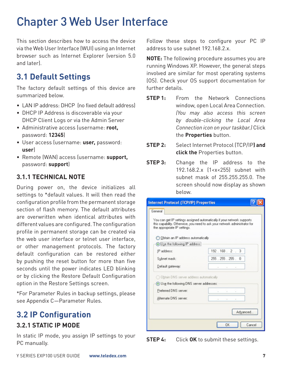 Chapter 3 web user interface, 1 default settings, 2 ip configuration | Teledex Y Series User Manual | Page 7 / 22