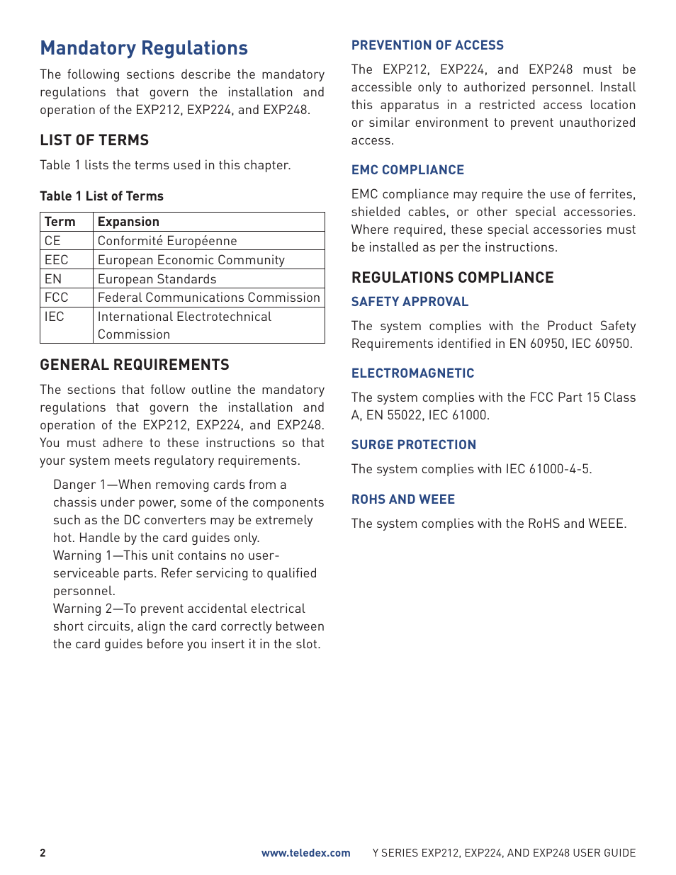 Mandatory regulations | Teledex Y Series User Manual | Page 2 / 32