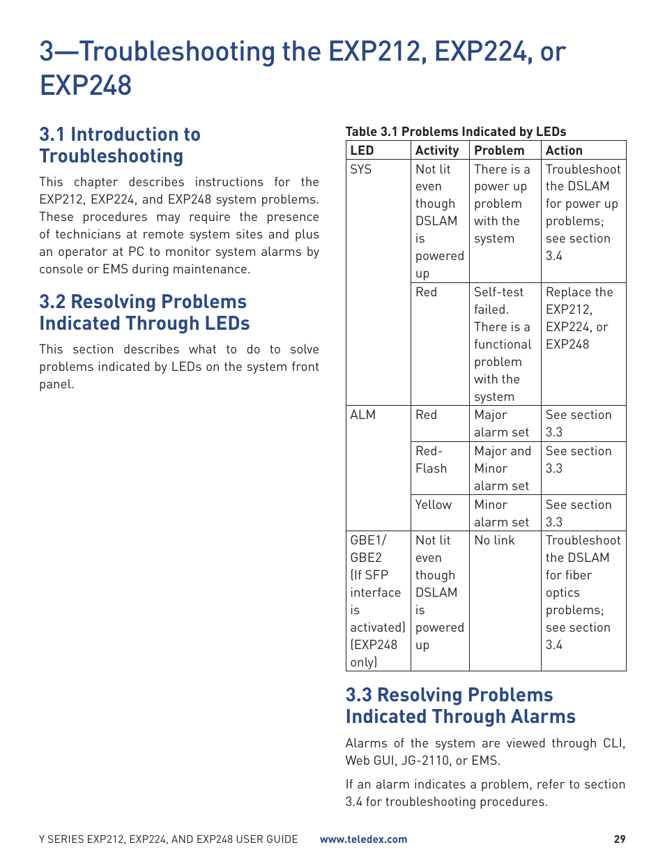 1 introduction to troubleshooting, 2 resolving problems indicated through leds, 3 resolving problems indicated through alarms | Teledex Y Series User Manual | Page 29 / 32