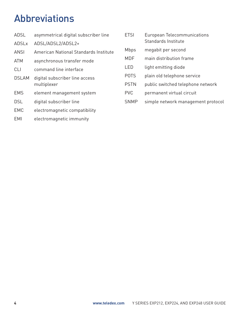 Abbreviations | Teledex Y Series User Manual | Page 4 / 32