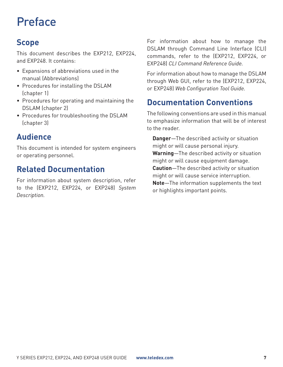 Preface, Scope, Audience | Related documentation, Documentation conventions | Teledex Y Series User Manual | Page 7 / 32