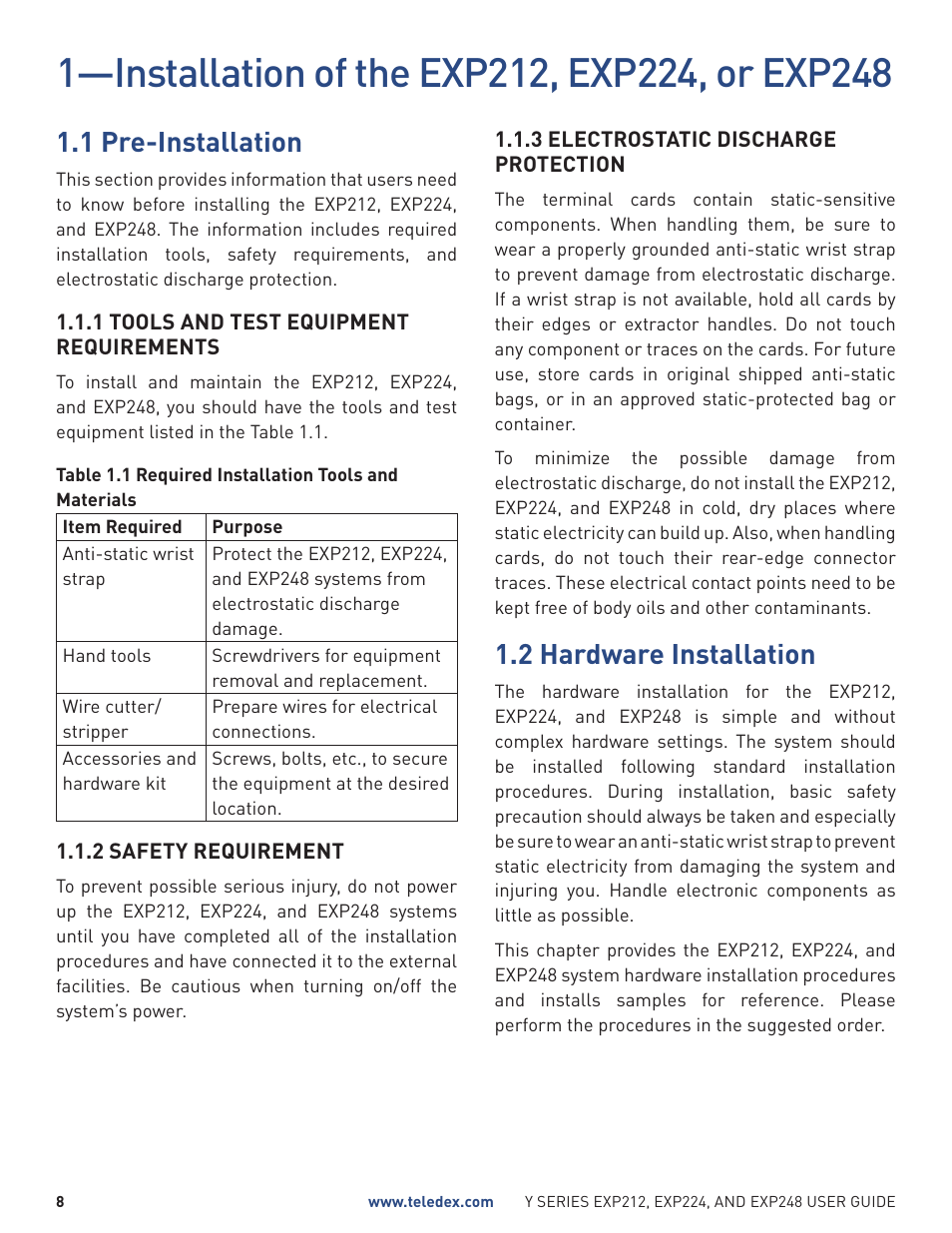 1 pre-installation, 2 hardware installation | Teledex Y Series User Manual | Page 8 / 32
