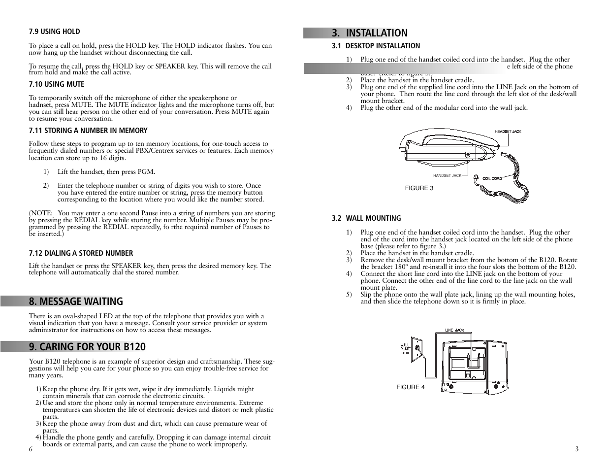 Installation, Message waiting, Caring for your b120 | Teledex B-Series User Manual | Page 11 / 84