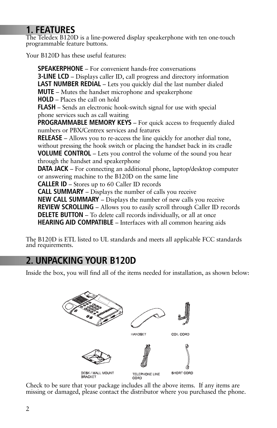 Features, Unpacking your b120d | Teledex B-Series User Manual | Page 16 / 84
