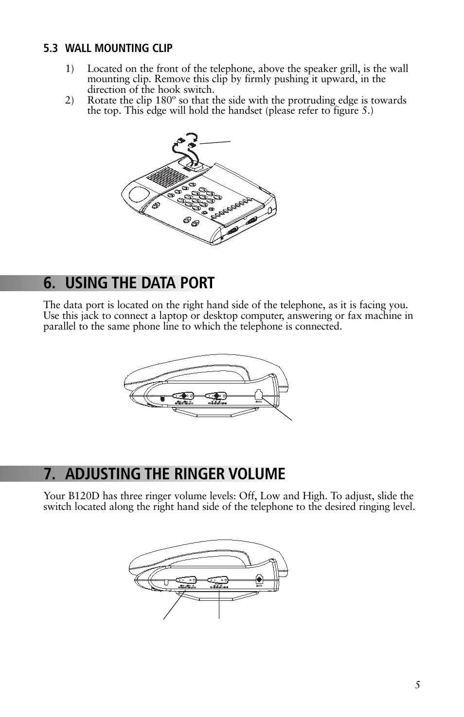 Using the data port, Adjusting the ringer volume | Teledex B-Series User Manual | Page 19 / 84