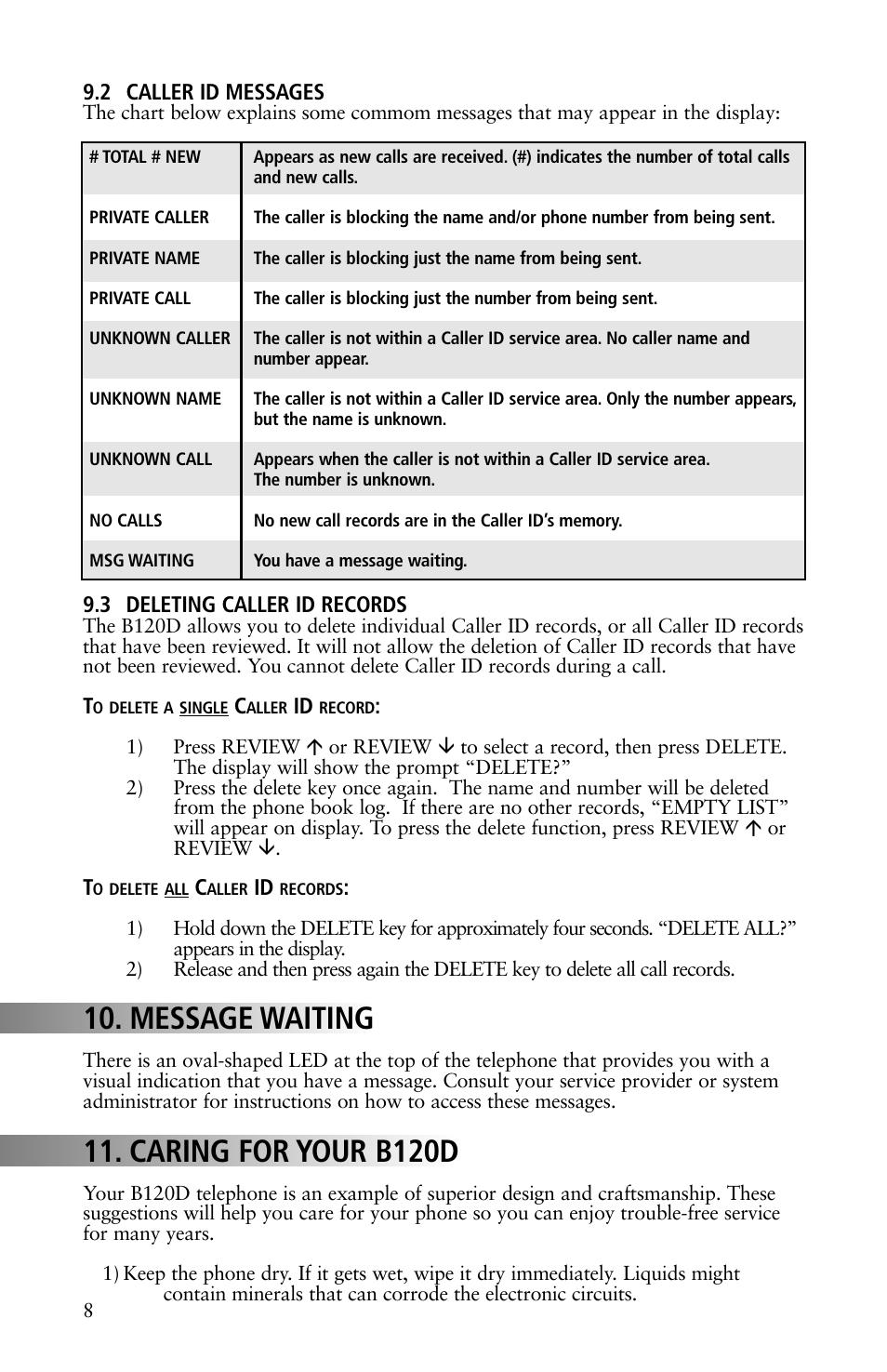 Message waiting, Caring for your b120d | Teledex B-Series User Manual | Page 22 / 84