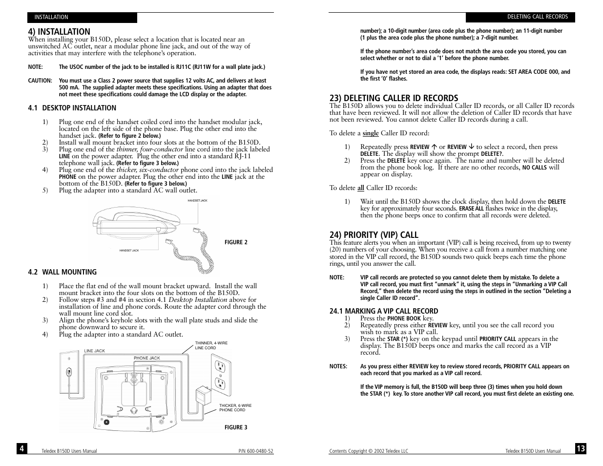 4) installation, 23) deleting caller id records, 24) priority (vip) call | 1 desktop installation, 2 wall mounting, 1 marking a vip call record | Teledex B-Series User Manual | Page 39 / 84